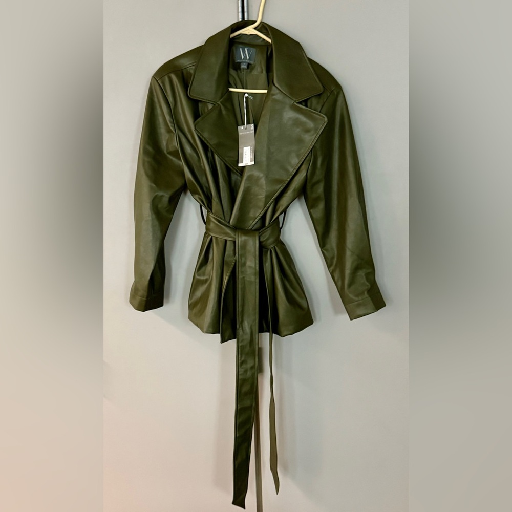 NWT Women’s Worthington Size 10 Olive Green Faux Leather Jacket Classic Medium